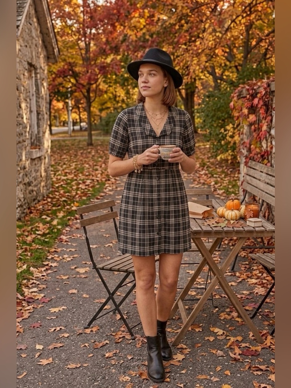 Harper Heritage Black White Plaid Dress S Short Puff Sleeve Babydoll Goth Preppy